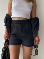 Textured Button Up Shirt Shorts Set (18)