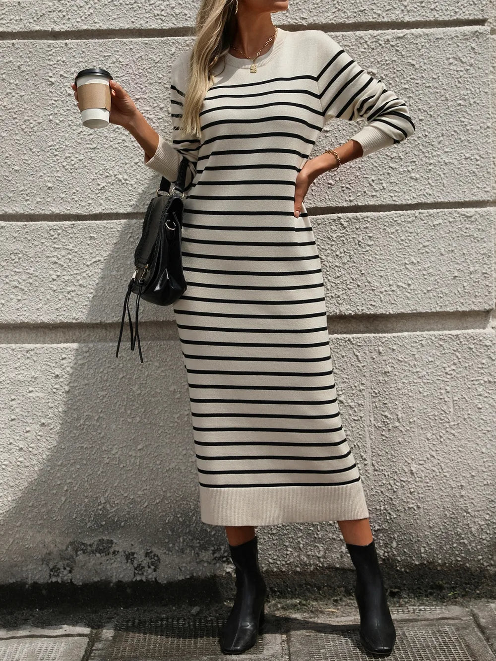 Striped Round Neck Long Sleeve Dress (6)