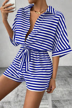 Striped Collared Neck Tie Waist Romper (3)