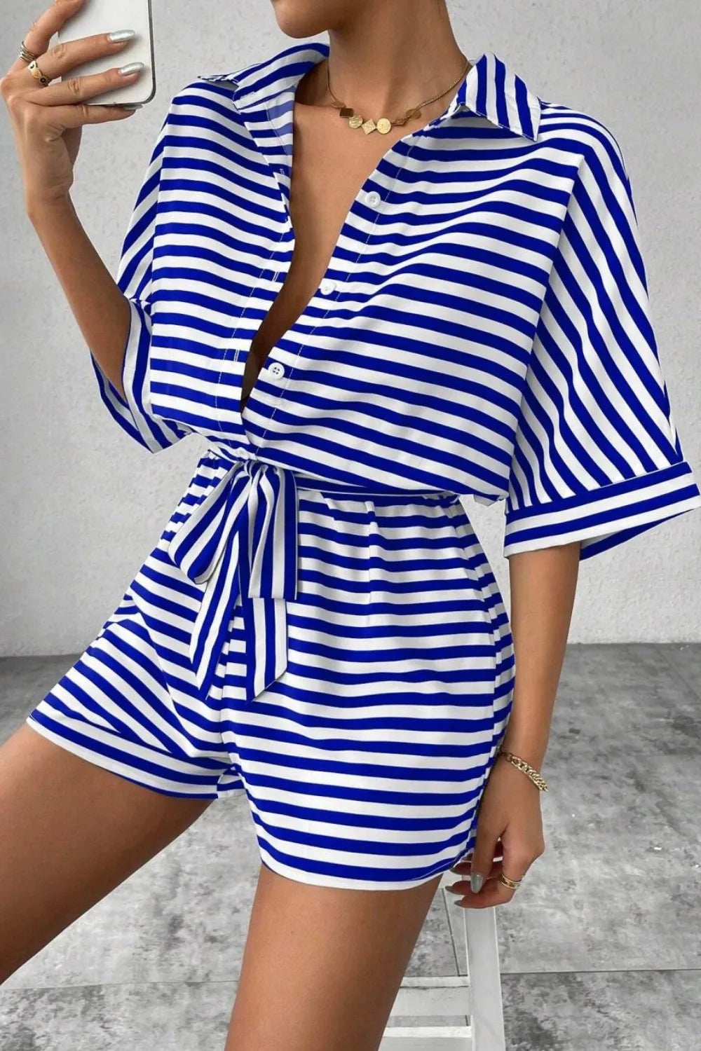 Striped Collared Neck Tie Waist Romper (3)
