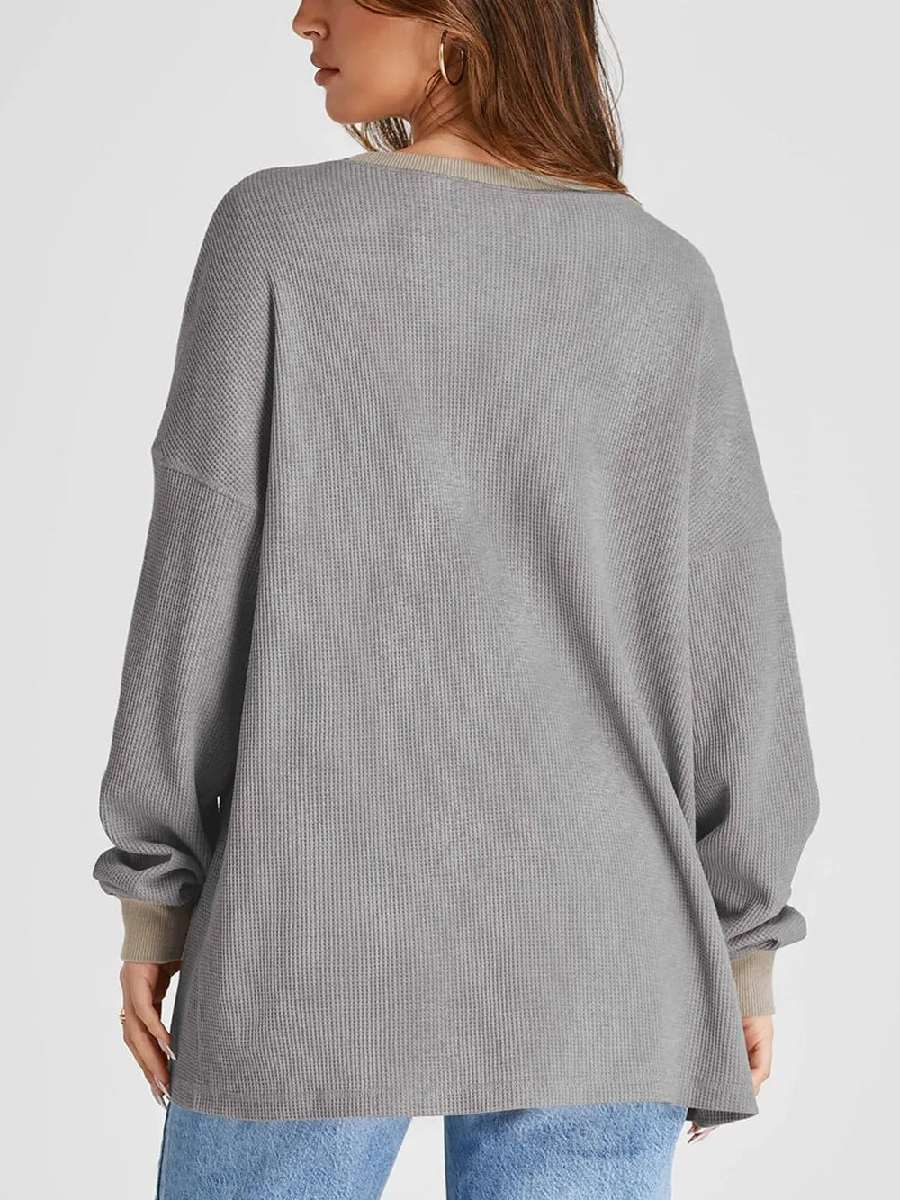 Waffle Knit Round Neck Long Sleeve T-shirt (3)
