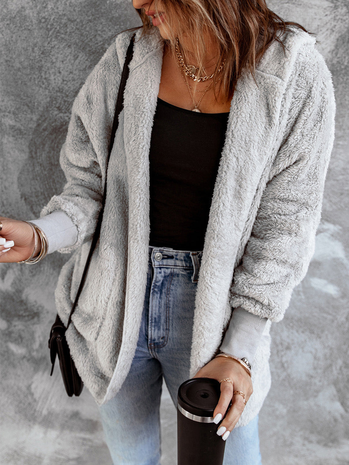 Open Front Hooded Faux Fur Outwear Pockets (3)