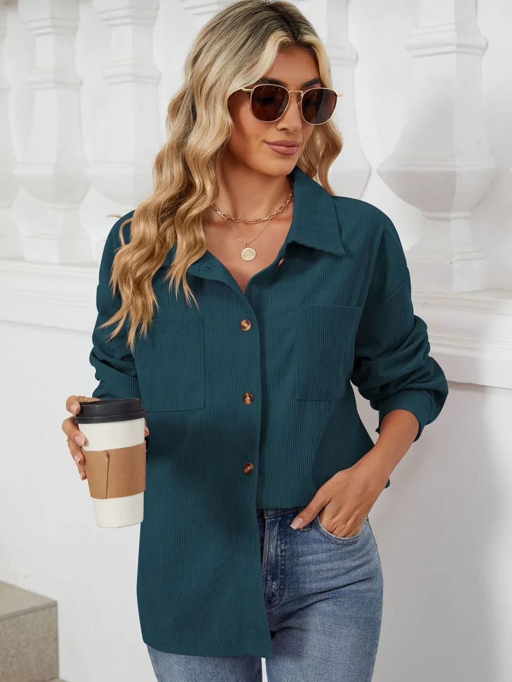 Button Up Dropped Shoulder Long Sleeve Outerwear (12)