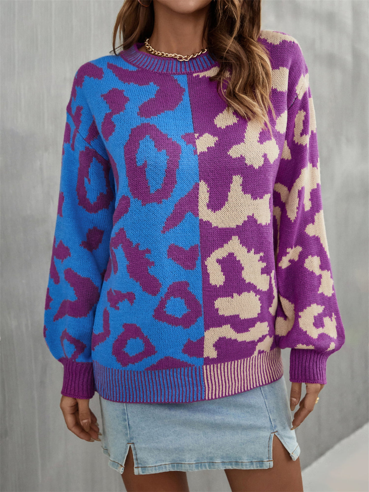 Round Neck Contrast Dropped Shoulder Sweater (5)