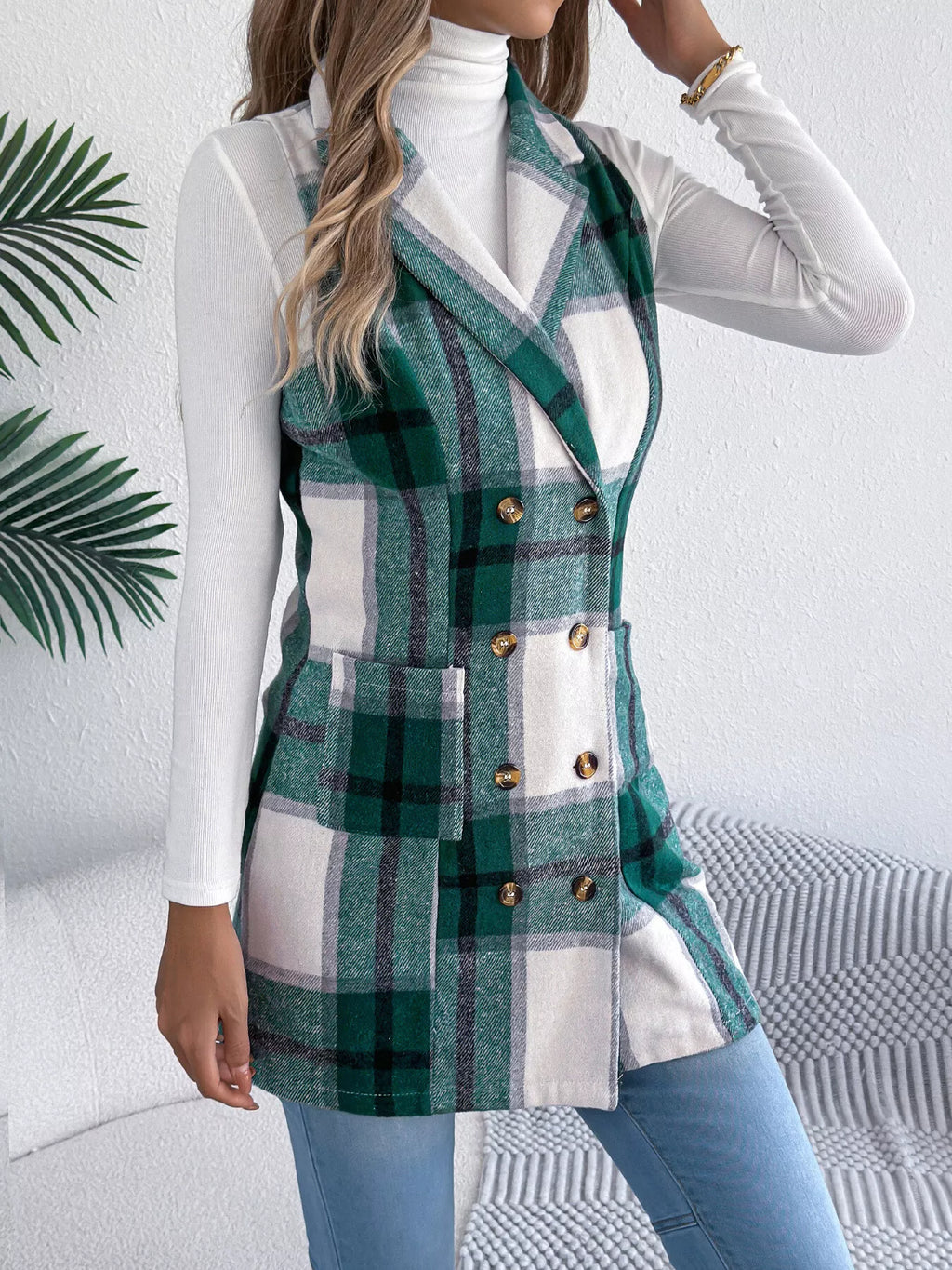 Plaid Double-breasted Vest Coat (10)