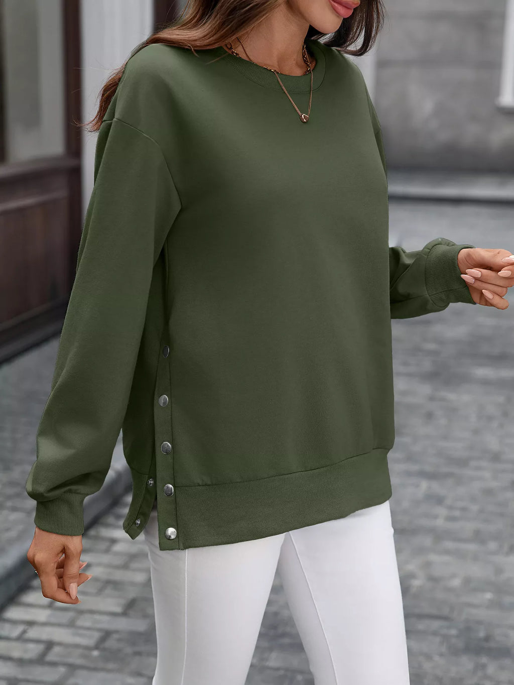 Side Snap Round Neck Sweatshirt (20)