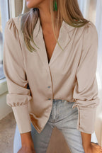 Lapel Collar Buttoned Puff Sleeve Shirt (13)