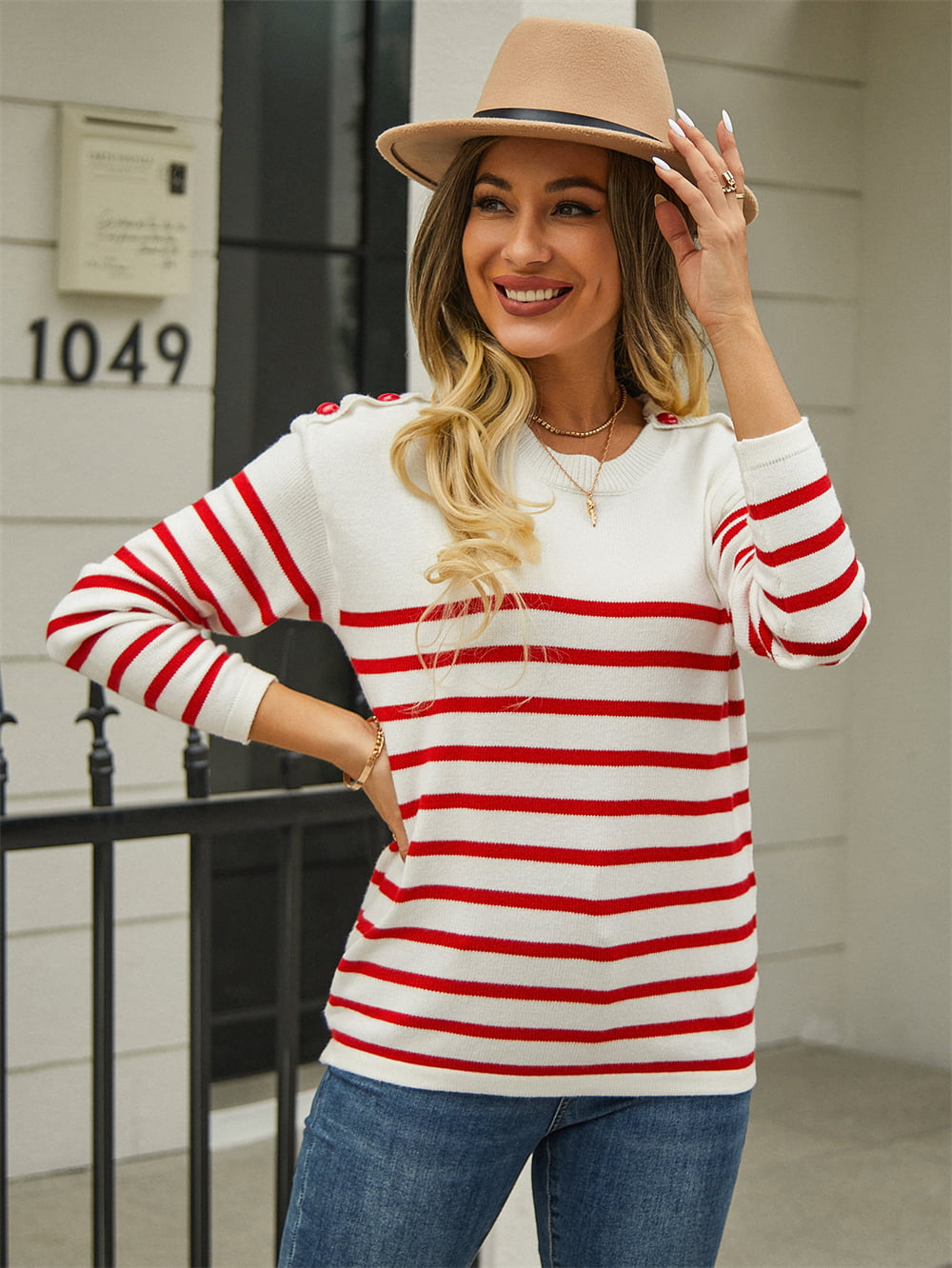 Round Neck Shoulder Button Striped Pullover Sweater (7)