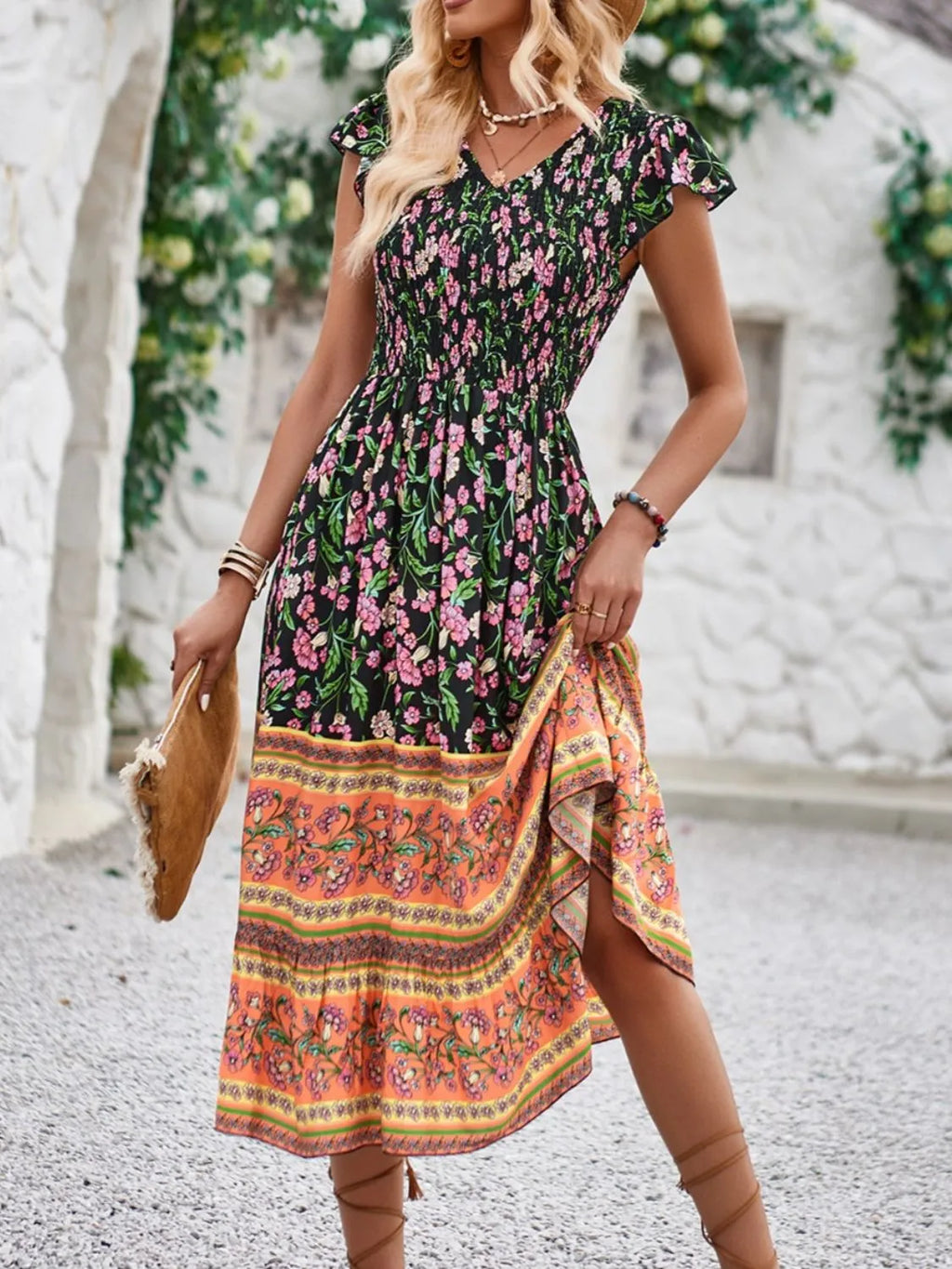 Printed Round Neck Cap Sleeve Dress (14)