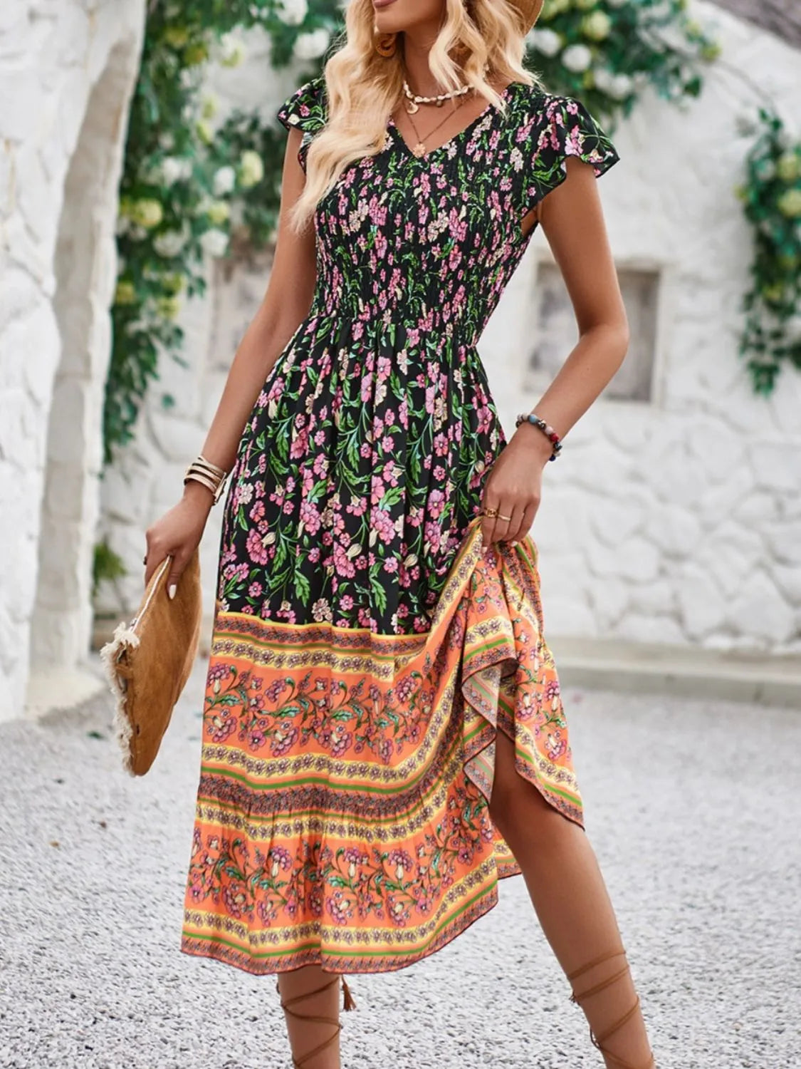 Printed Round Neck Cap Sleeve Dress (14)