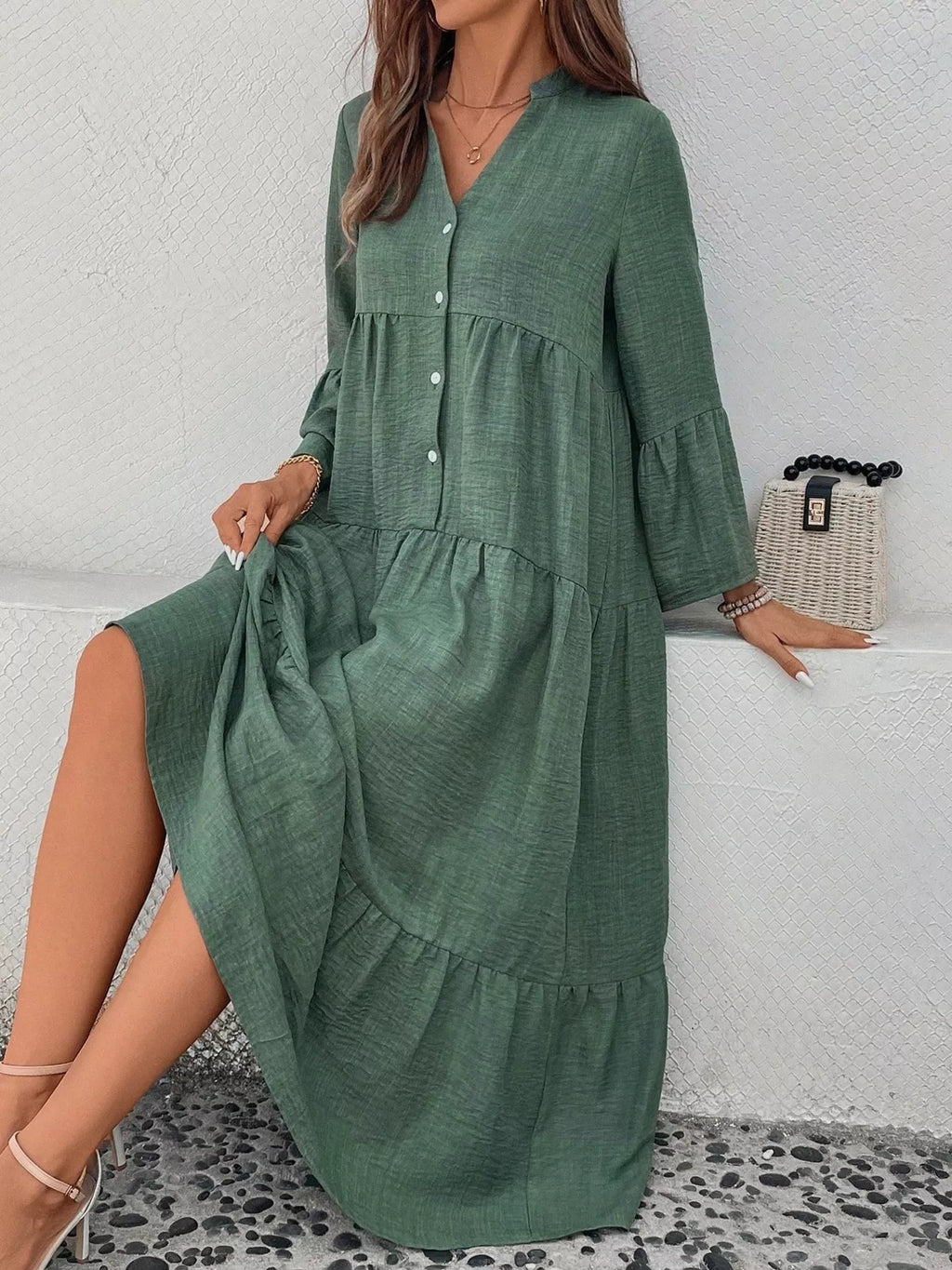 Ruffle Hem Button Front Tiered Dress (9)