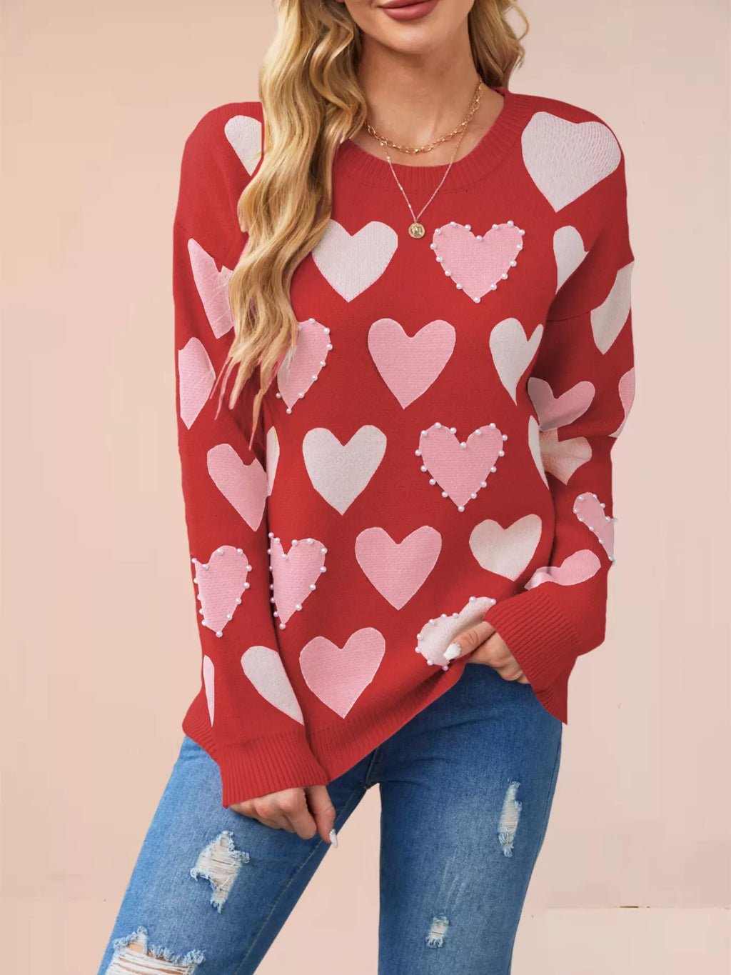 Heart Pattern Beaded Round Neck Sweater (16)