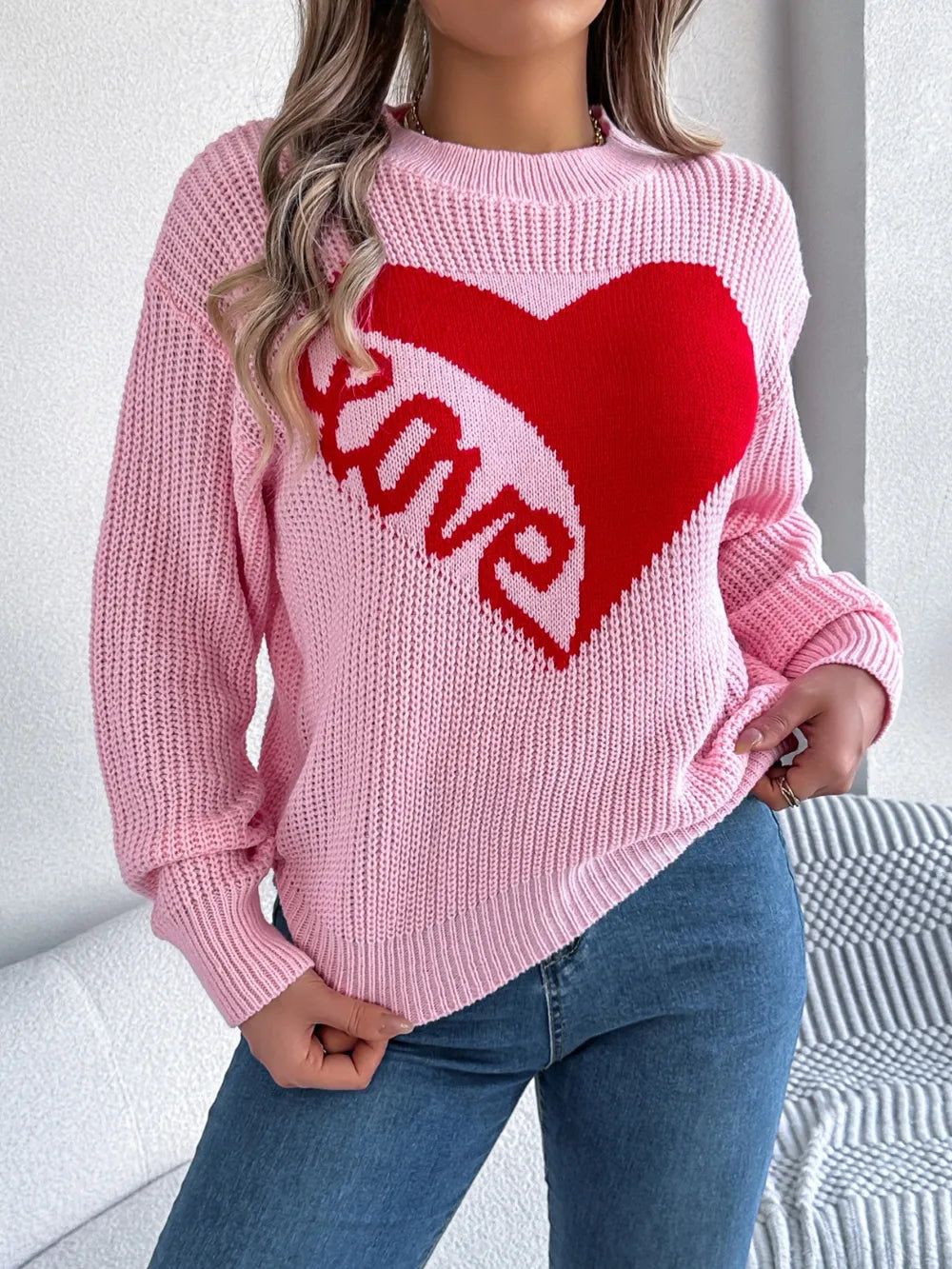 Love Heart Round Neck Dropped Shoulder Sweater (3)