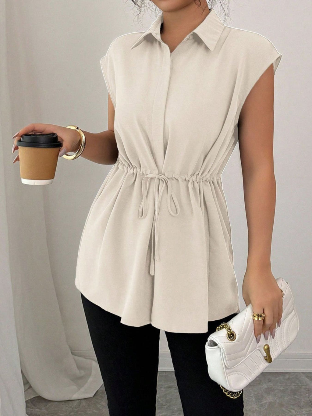 Drawstring Waist Cap Sleeve Shirt (3)