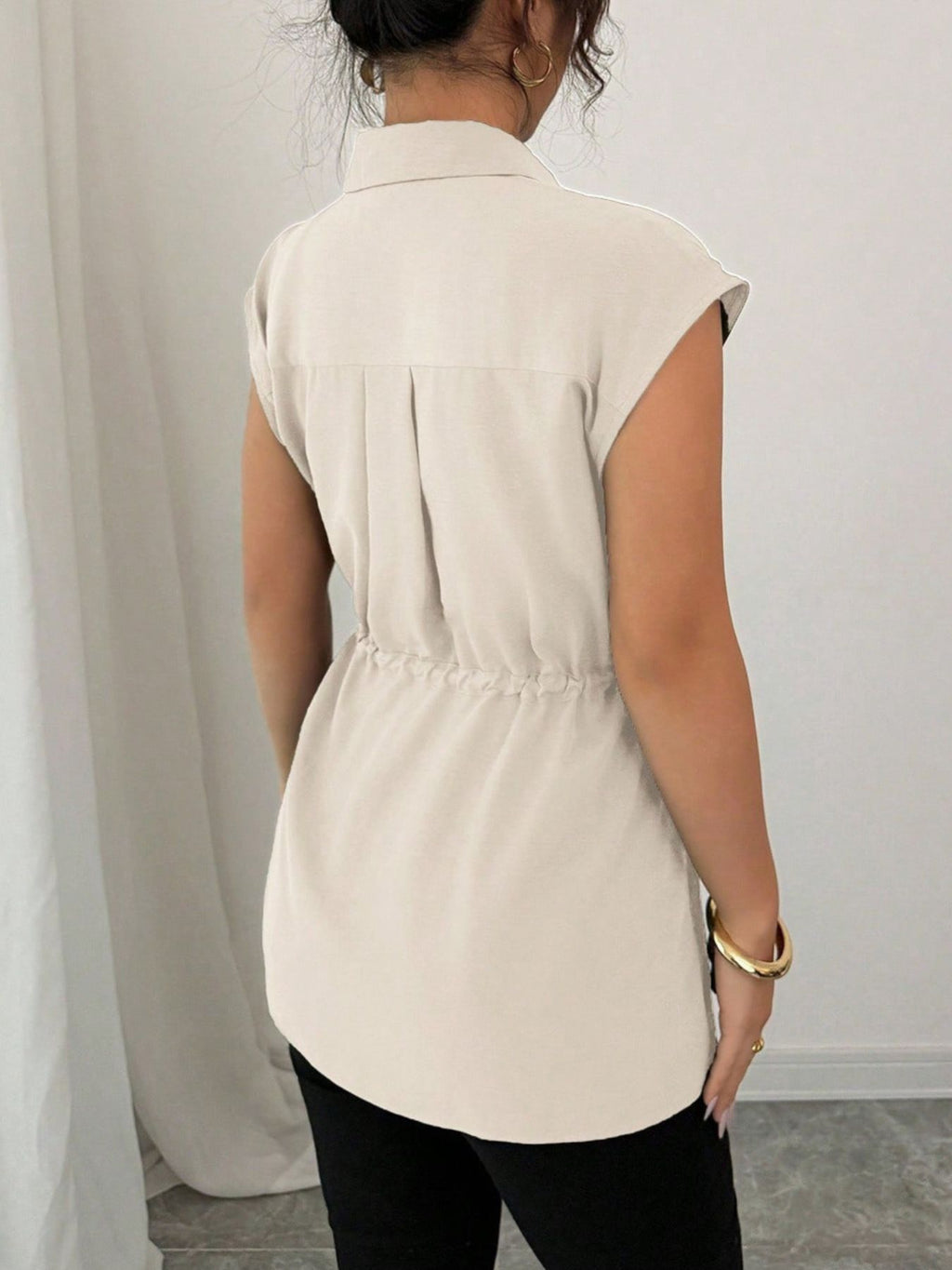 Drawstring Waist Cap Sleeve Shirt (6)