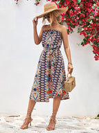 Printed Strapless Tie Belt Dress (16)