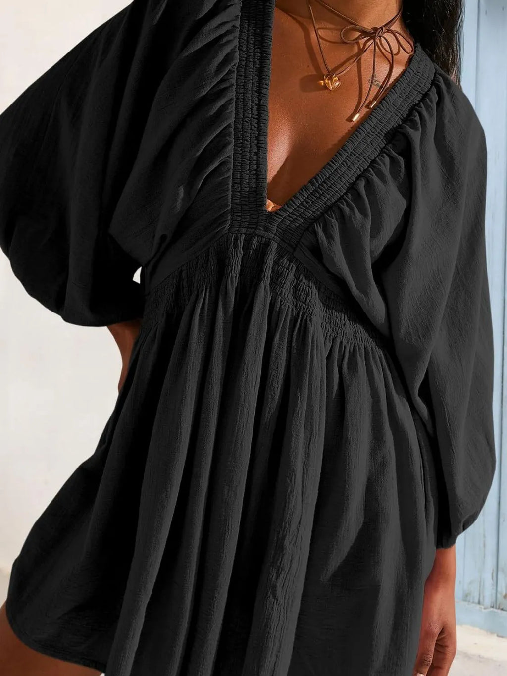 Textured V-neck Mini Dress (3)