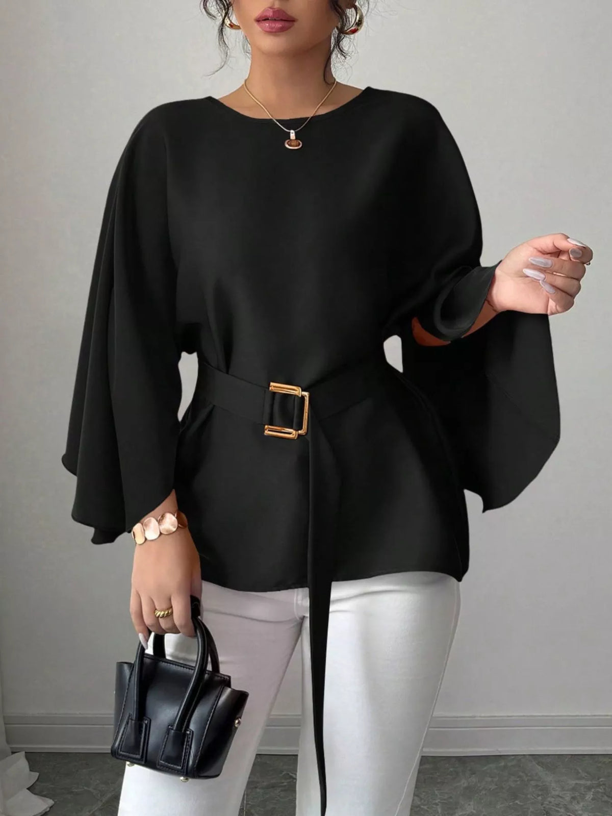 Batwing Sleeve Belted Blouse (9)