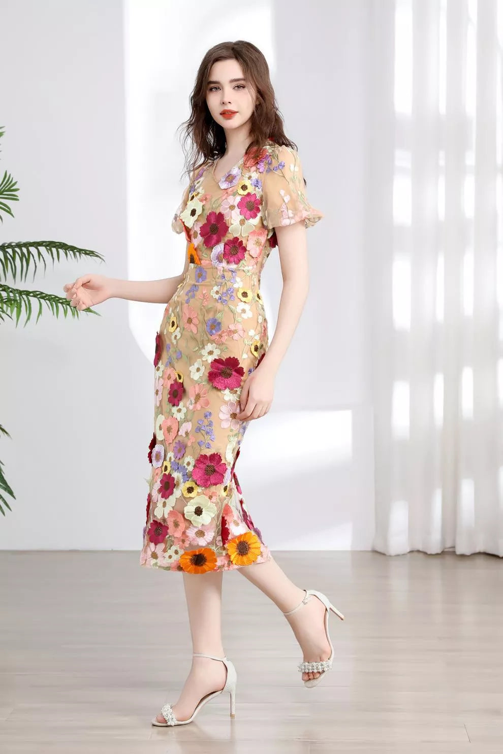 Floral Embroidered Puff Sleeve Midi Dress (34)