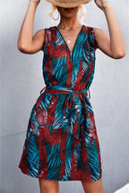 Printed Zip Detail Belted Sleeveless Dress (28)