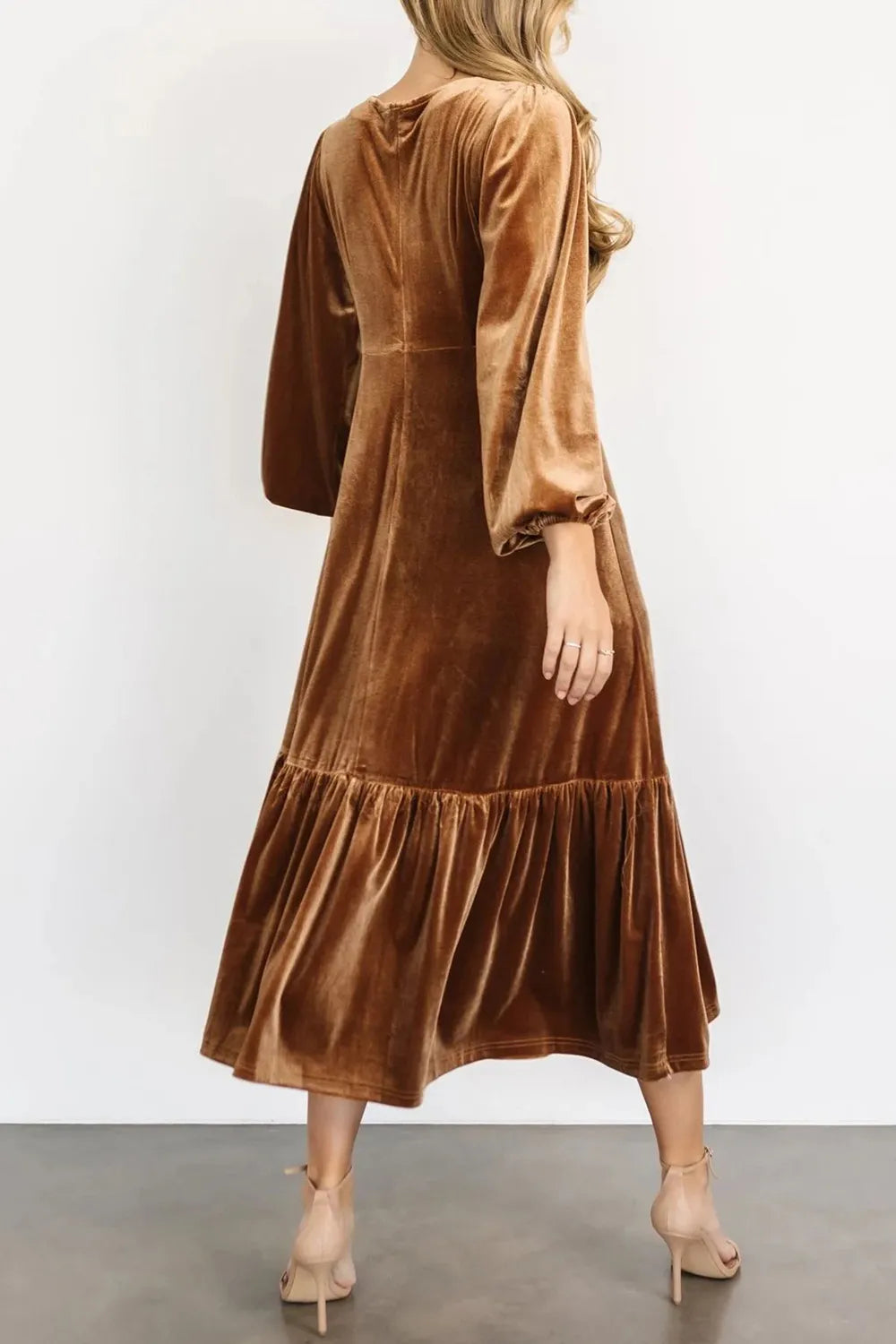 V-neck Long Sleeve Midi Velvet Dress (7)