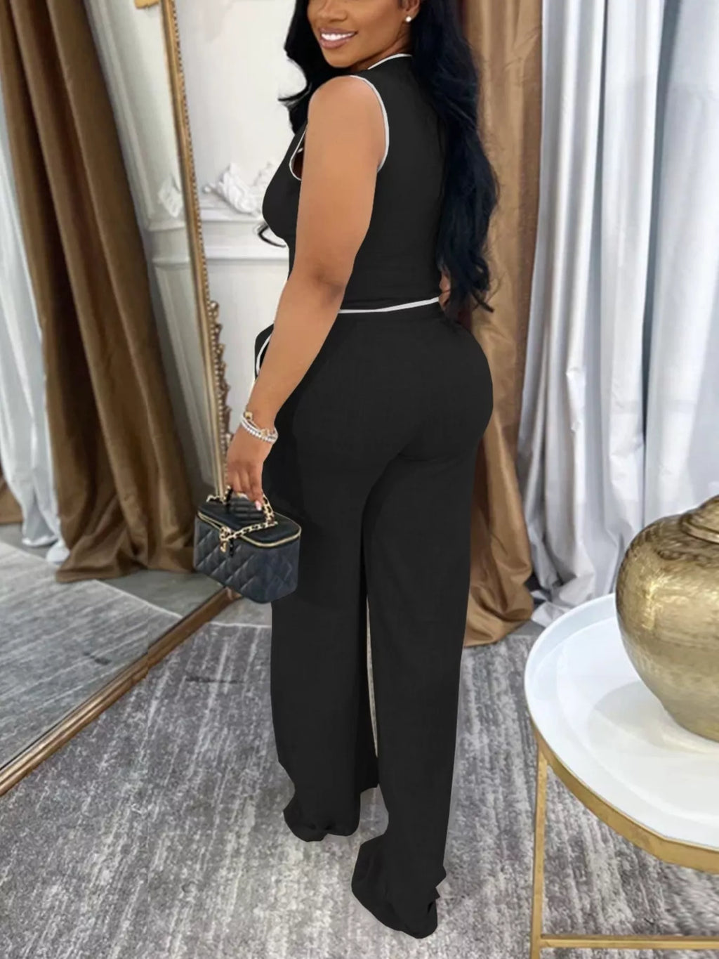 Contrast Trim Vest Wide-leg Pants Two-piece Set (4)