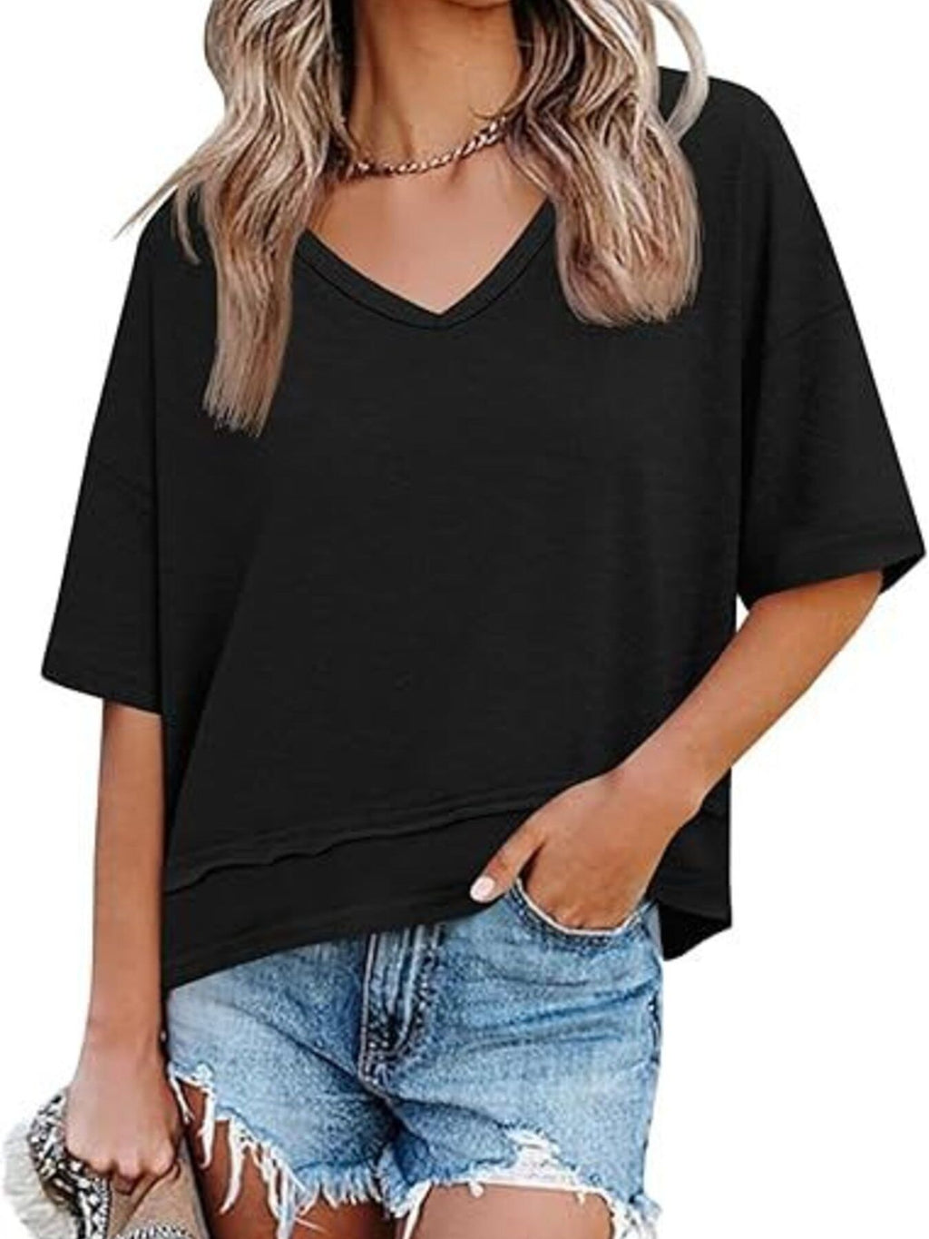 V-neck Relaxed Fit Solid Color T-shirt (6)
