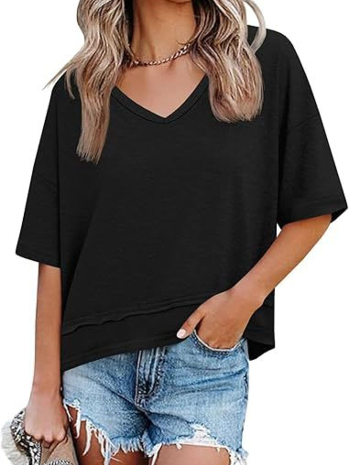 V-neck Relaxed Fit Solid Color T-shirt (6)