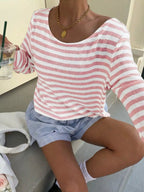 Boat Neck Striped Long Sleeve T-shirt (14)