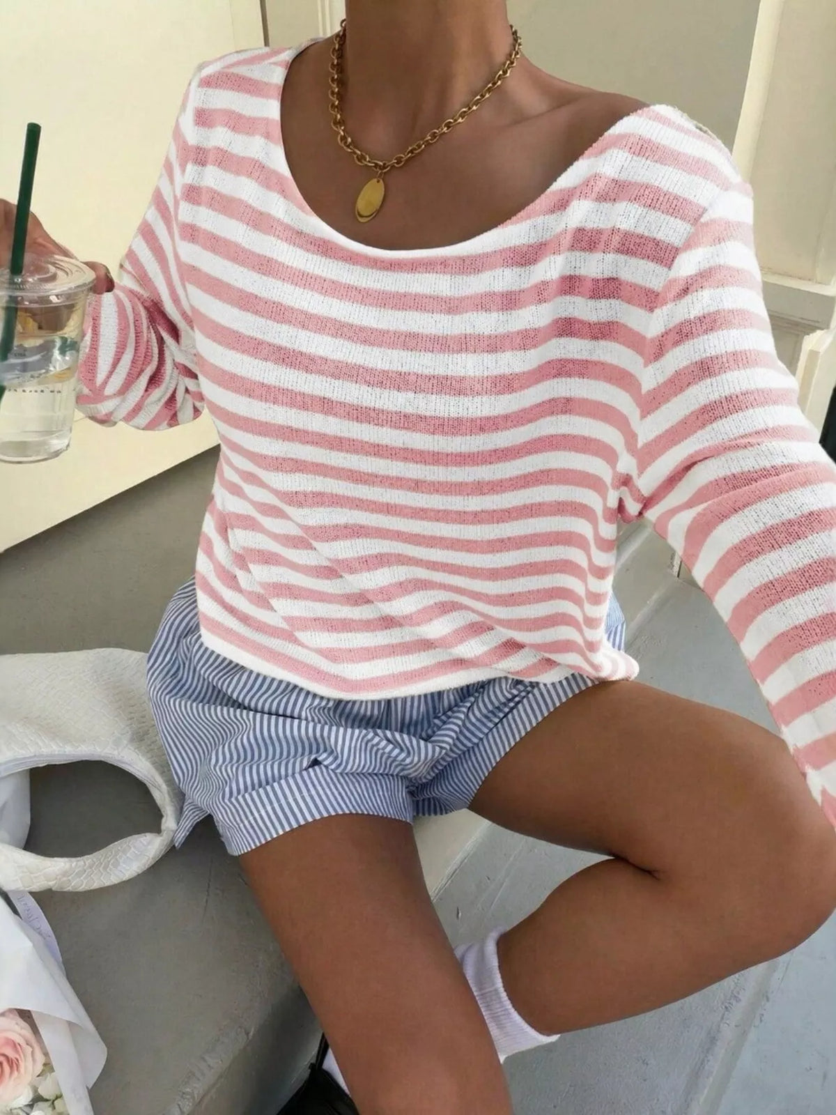 Boat Neck Striped Long Sleeve T-shirt (14)