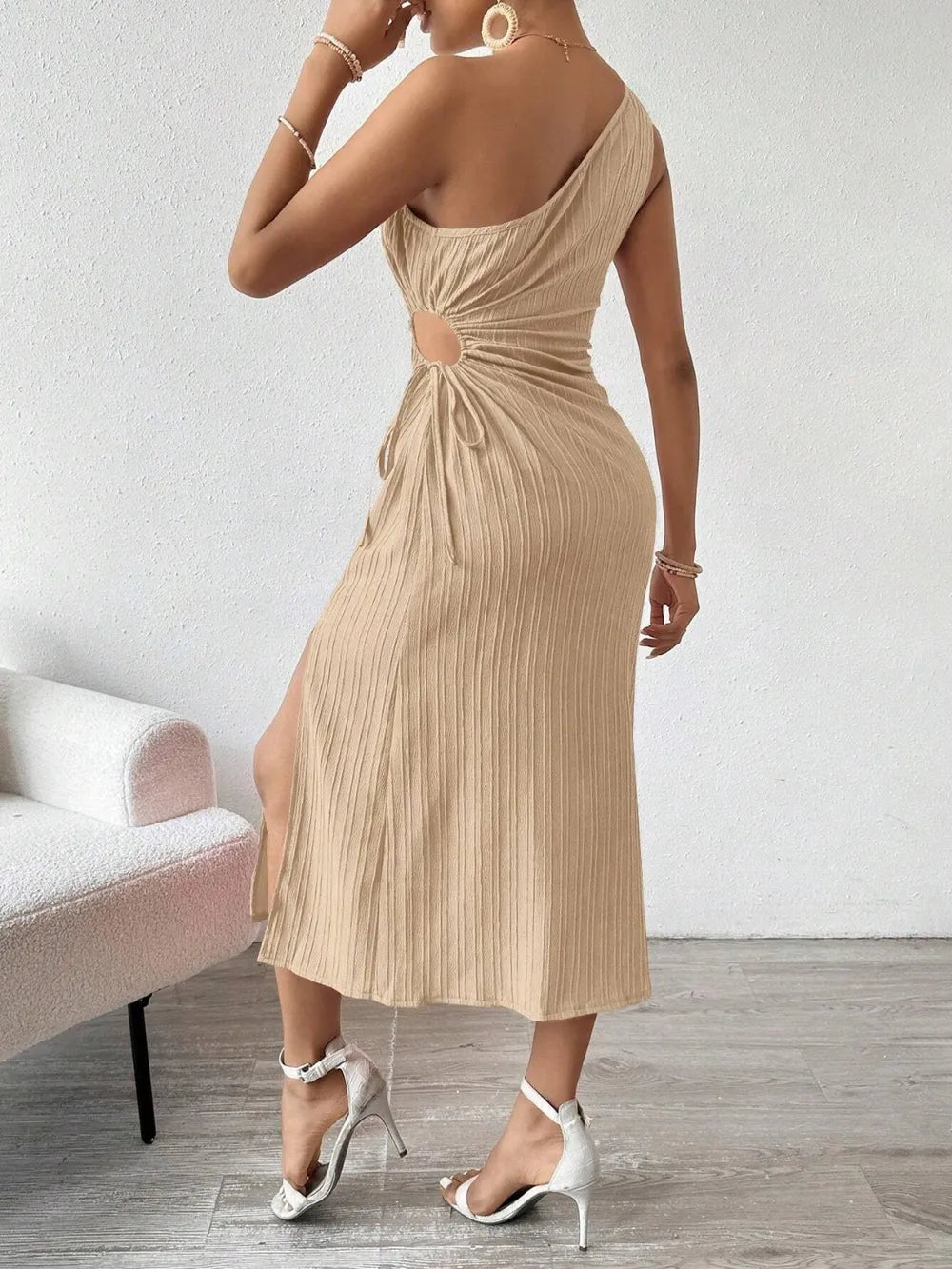 Side Slit Cutout Single Shoulder Dress (11)