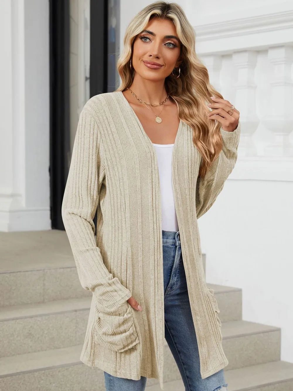 Pocketed Open Front Long Sleeve Cardigan (15)