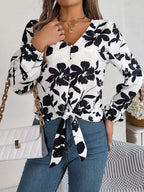 Printed V-neck Long Sleeve Blouse (3)