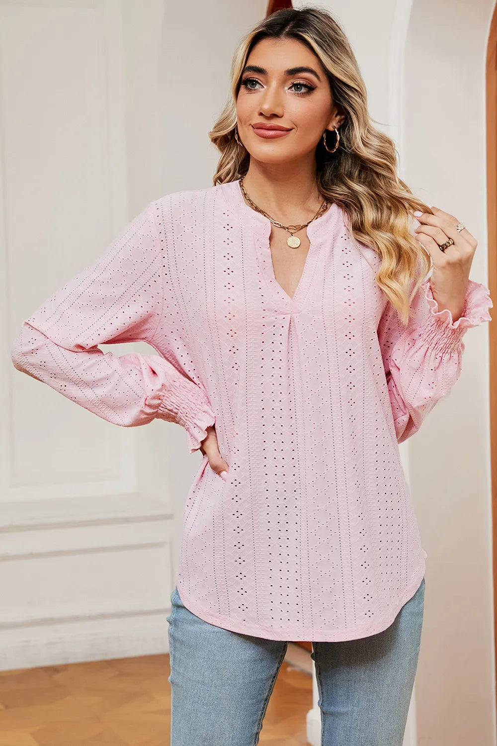Eyelet Notched Long Sleeve T-shirt (11)