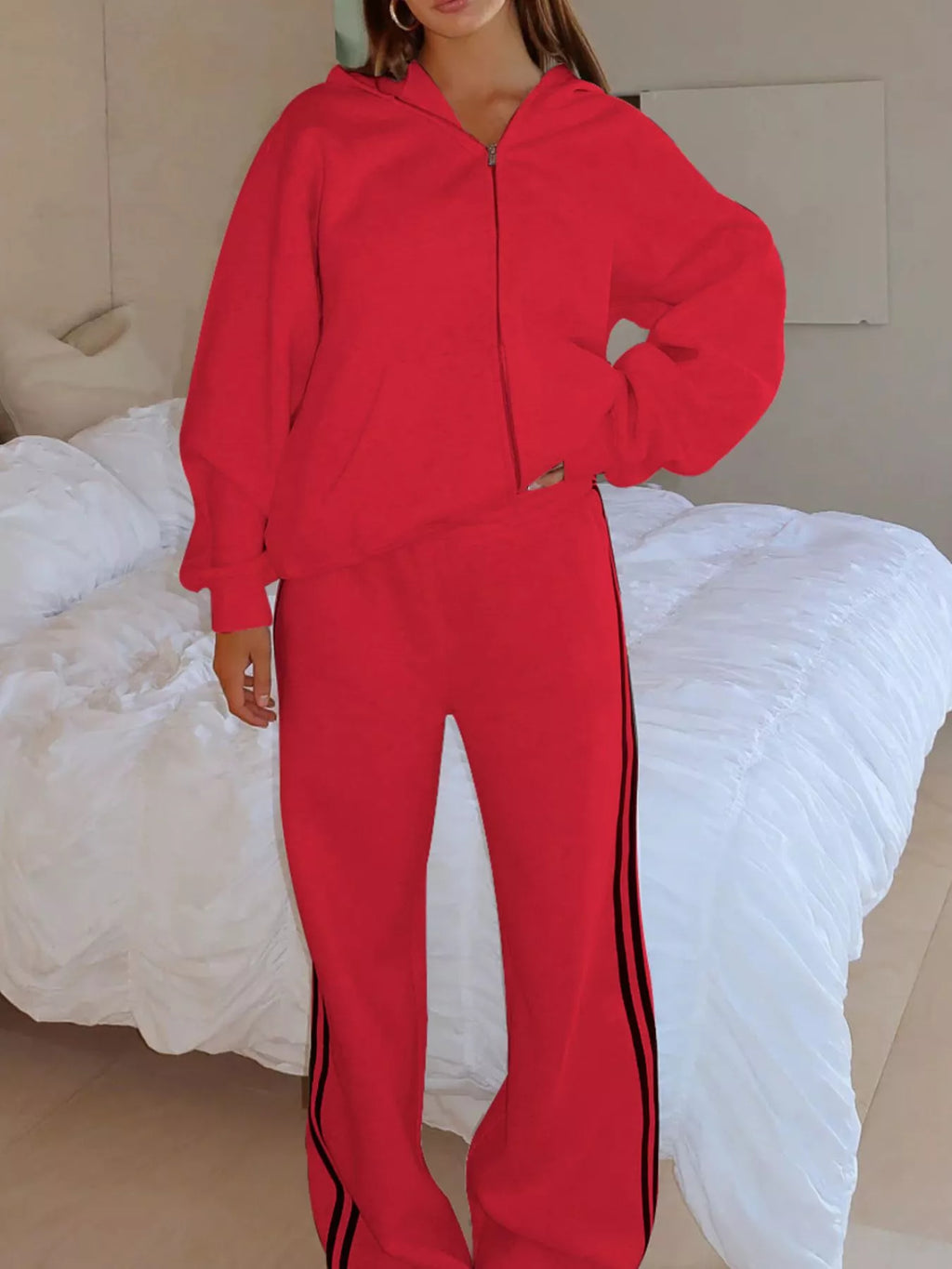 Zip Up Hoodie Striped Pants Set (8)