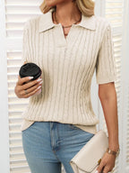 Cable Knit Johnny Collar Half Sleeve Sweater (23)