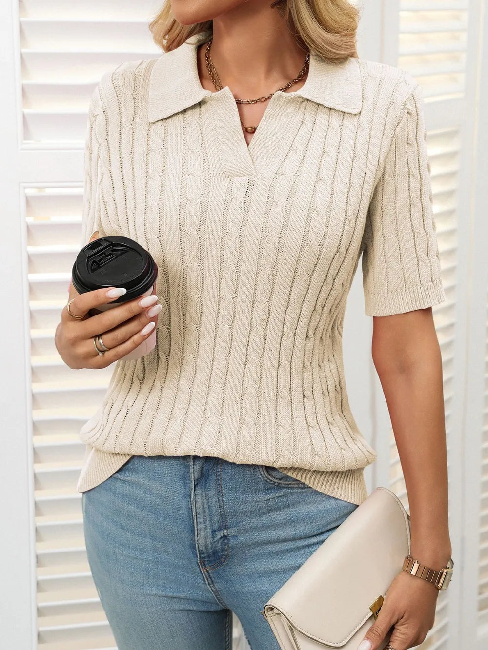 Cable Knit Johnny Collar Half Sleeve Sweater (23)
