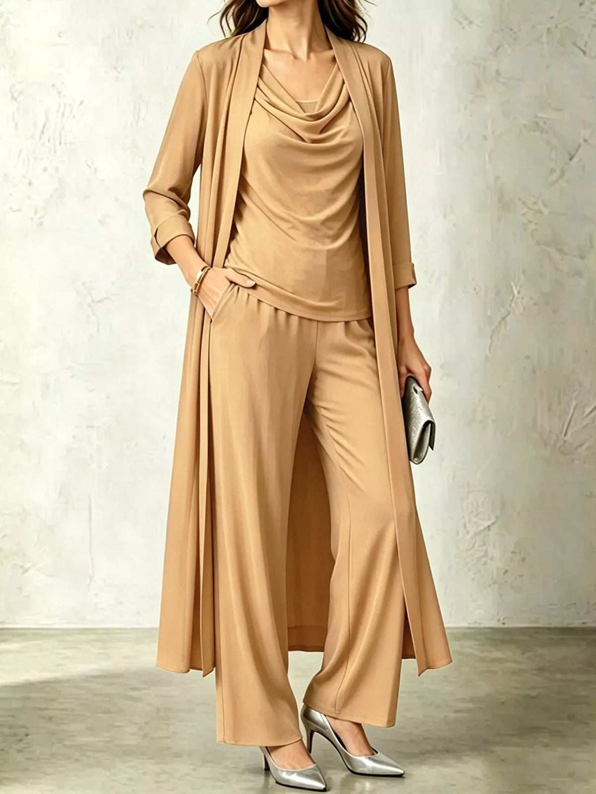 Full Size Cowl Neck Top Cardigan Pants Set Plus (9)