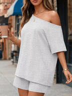 One-shoulder Short Sleeve Top Shorts Set (6)