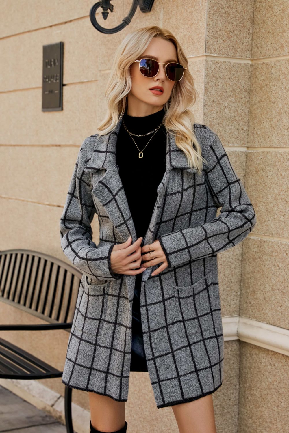 Printed Open Front Lapel Collar Cardigan Pockets (2)