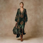Retro Silhouette-printed Green Faux-suede Fringed Maxi Dress photo 1