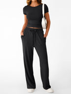 Round Neck Short Sleeve Tee Pants Set (7)