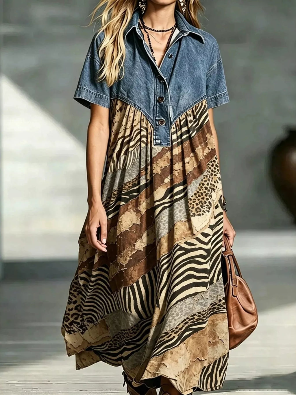 Full Size Denim Patchwork Printed Shirt Dress Plus