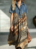 Full Size Denim Patchwork Printed Shirt Dress Plus