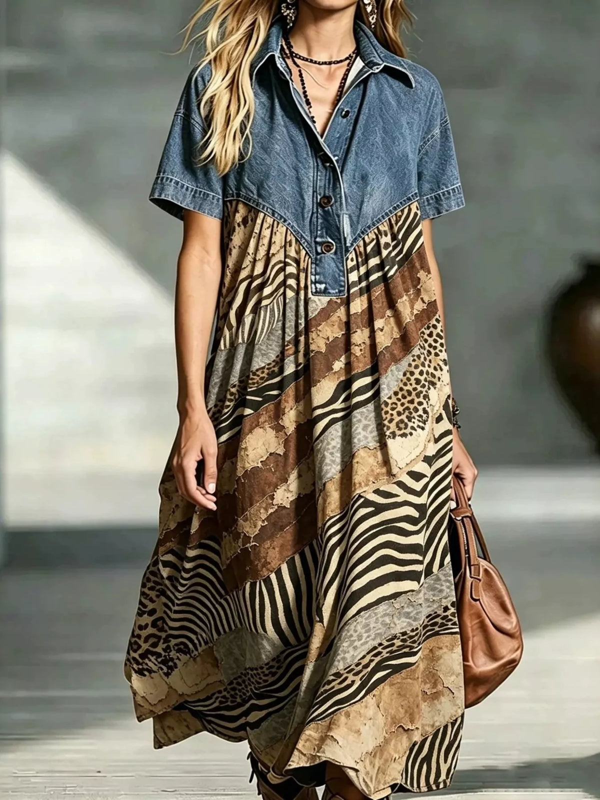 Full Size Denim Patchwork Printed Shirt Dress Plus