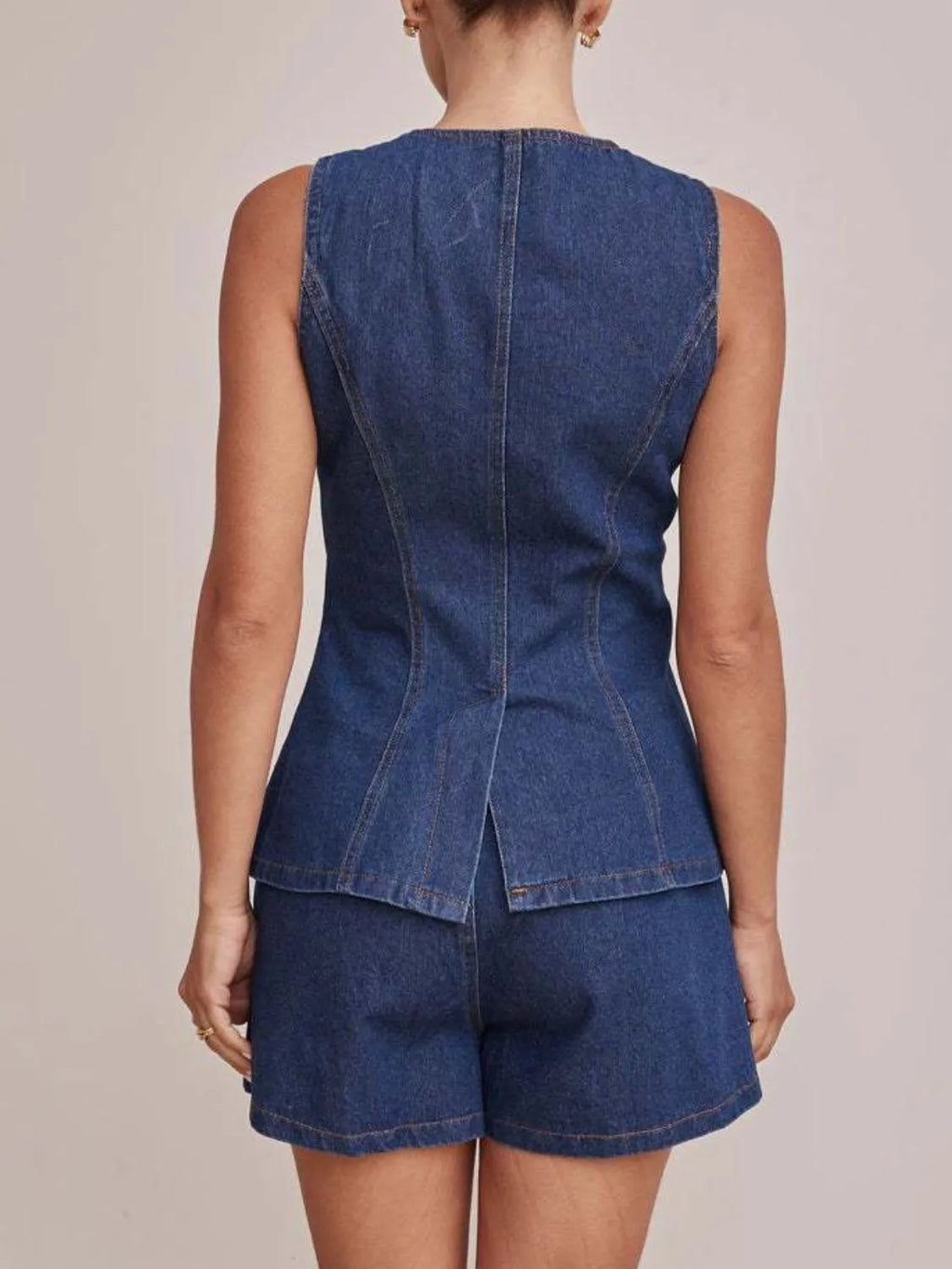 Button Down Vest Shorts Denim Set (6)