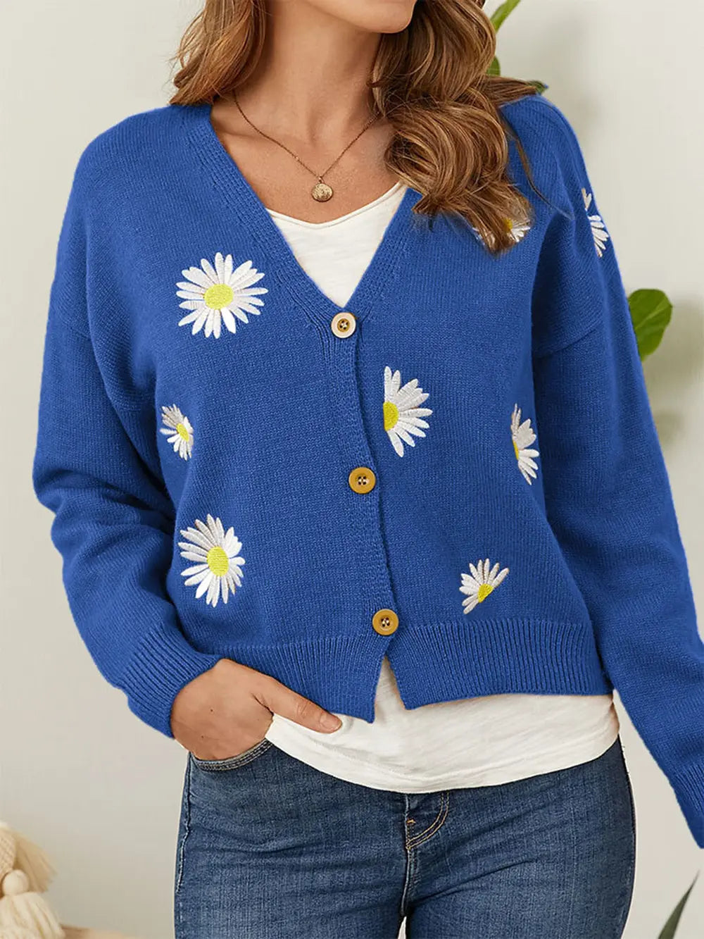 Flower Button Front Dropped Shoulder Cardigan (13)