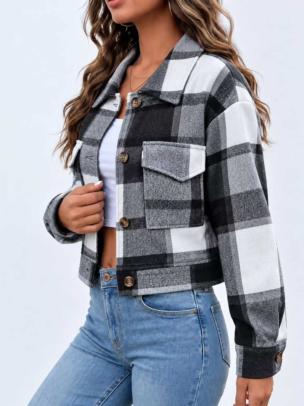 Plaid Button-up Cropped Jacket (36)