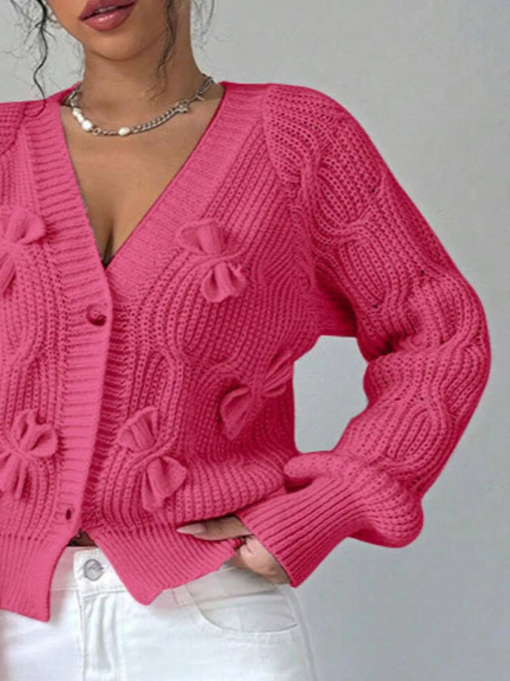Bow Cable Knit V-neck Cardigan (8)