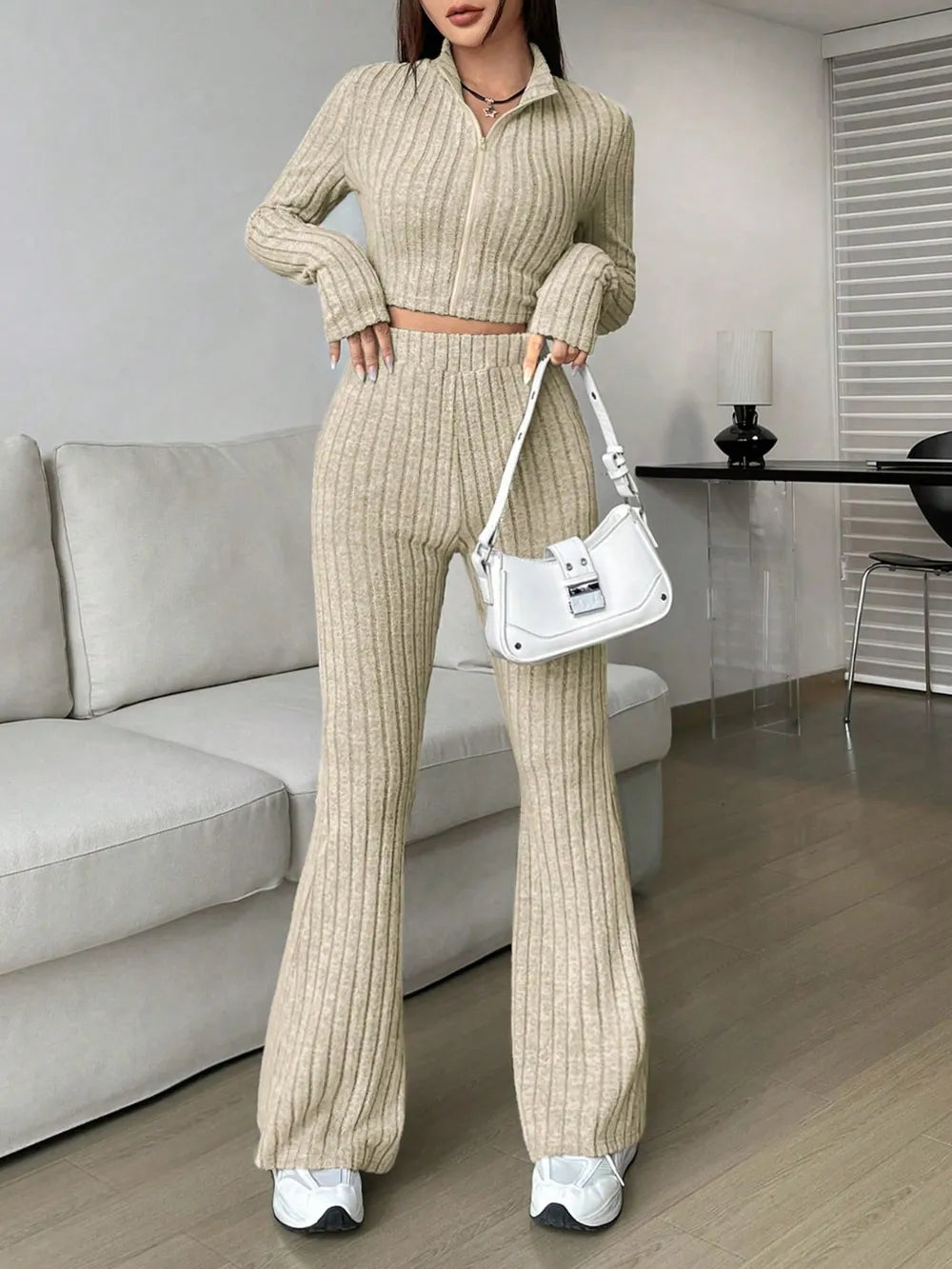 Zip Up Long Sleeve Top Pants Set